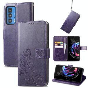 For Motorola Edge 20 Pro Four-leaf Clasp Embossed Buckle Mobile Phone Protection Leather Case with Lanyard & Card Slot & Wallet & Bracket Function(Purple) (OEM)