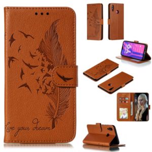 Feather Pattern Litchi Texture Horizontal Flip Leather Case with Wallet & Holder & Card Slots For Huawei Y9 (2019)(Brown) (OEM)