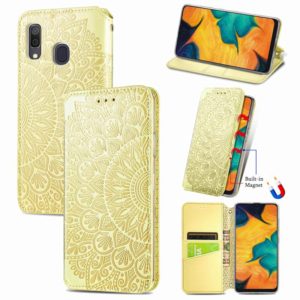 For Samsung Galaxy A20 / A30 Blooming Mandala Embossed Pattern Magnetic Horizontal Flip Leather Case with Holder & Card Slots & Wallet(Yellow) (OEM)