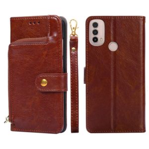 For Motorola Moto E40 Zipper Bag PU + TPU Horizontal Flip Leather Case(Brown) (OEM)