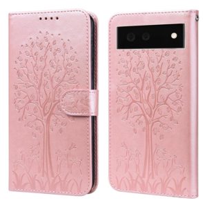 For Google Pixel 6 Tree & Deer Pattern Pressed Printing Horizontal Flip Leather Phone Case(Pink) (OEM)