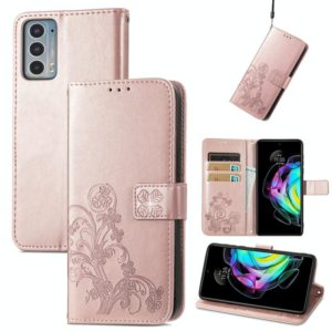 For Motorola Edge 20 Four-leaf Clasp Embossed Buckle Mobile Phone Protection Leather Case with Lanyard & Card Slot & Wallet & Bracket Function(Rose Gold) (OEM)