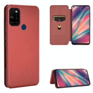 For Wiko View5 Plus Carbon Fiber Texture Horizontal Flip TPU + PC + PU Leather Case with Card Slot(Brown) (OEM)
