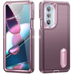 For Motorola Edge 30 Pro 3 in 1 Rugged Holder Phone Case(Purple + Pink) (OEM)