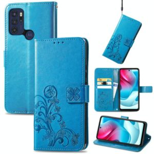 For Motorla Moto G60S Four-leaf Clasp Embossed Buckle Mobile Phone Protection Leather Case with Lanyard & Card Slot & Wallet & Bracket Function(Blue) (OEM)