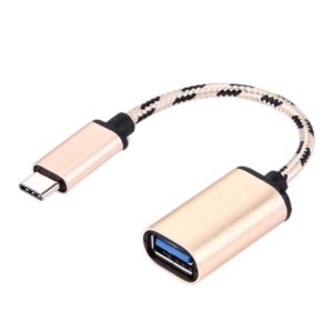 15cm Woven Style Metal Head USB-C / Type-C Male to USB 2.0 Female Data Cable(Gold) (OEM)