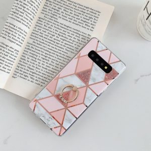 For Galaxy S10e Plating Colorful Geometric Pattern Mosaic Marble TPU Mobile Phone Case Rhinestone Stand Ring(Pink PR1) (OEM)