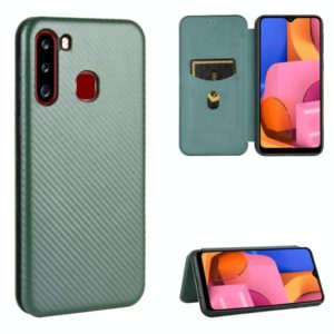 For Samsung Galaxy A21(Eurasian Version) Carbon Fiber Texture Horizontal Flip TPU + PC + PU Leather Case with Rope & Card Slot(Green) (OEM)