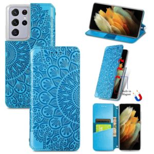 For Samsung Galaxy S21 Ultra 5G Blooming Mandala Embossed Pattern Magnetic Horizontal Flip Leather Case with Holder & Card Slots & Wallet(Blue) (OEM)