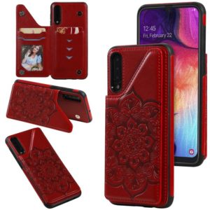 For Samsung Galaxy A50 Flower Embossing Pattern Shockproof Protective Case with Holder & Card Slots & Photo Frame(Red) (OEM)