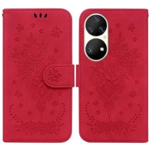 For Huawei P50 Pro Butterfly Rose Embossed Leather Phone Case(Red) (OEM)