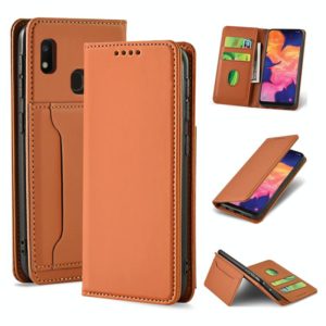 For Samsung Galaxy A10e Strong Magnetism Liquid Feel Horizontal Flip Leather Case with Holder & Card Slots & Wallet(Brown) (OEM)