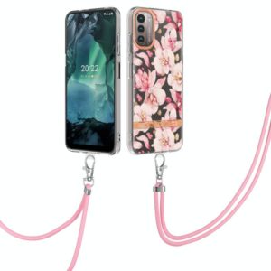 For Nokia G21/G11 Flowers Series TPU Phone Case with Lanyard(Pink Gardenia) (OEM)