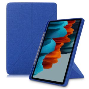 For Samsung Galaxy Tab S7 FE T730 / T735 / Tab S7+ / T970 / T975 Cloth Texture Multi-folding Leather Tablet Case with Holder & Sleep / Wake-up (Blue) (OEM)