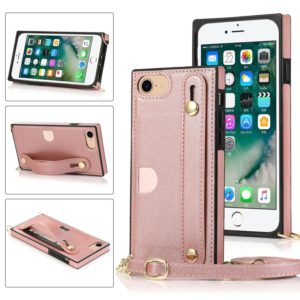 For iPhone 7 / 8 / SE 2020 Wrist Strap PU+TPU Shockproof Protective Case with Crossbody Lanyard & Holder & Card Slot(Rose Gold) (OEM)