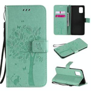 For Samsung Galaxy A71 5G Tree & Cat Embossed Pattern Horizontal Flip Leather Case with Holder & Card Slots & Wallet & Lanyard(Green) (OEM)