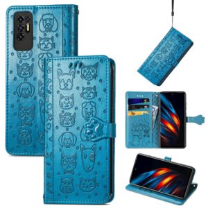 For Tecno Pova 2 Lovely Cat and Dog Embossing Pattern Horizontal Flip Leather Phone Case with Holder & Card Slots & Wallet & Cartoon Clasp & Lanyard(Blue) (OEM)