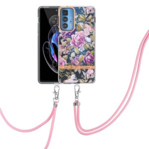 For Motorola Edge 20 Pro Flowers Series TPU Phone Case with Lanyard(Purple Peony) (OEM)
