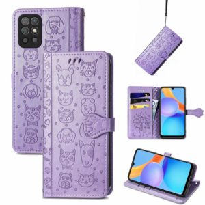 For Honor Play 5T Youth Cat and Dog Embossed Horizontal Flip Phone Leather Case with Holder & Card Slot & Wallet & Lanyard(Purple) (OEM)
