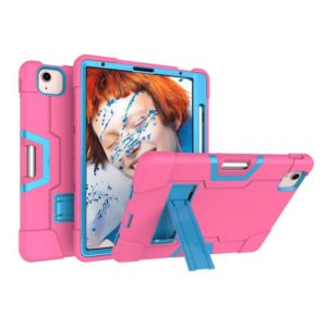 For iPad Air 2022 / 2020 10.9 Contrast Color Robot Shockproof Silicon + PC Protective Case with Holder & Pen Slot(Rose Red + Blue) (OEM)