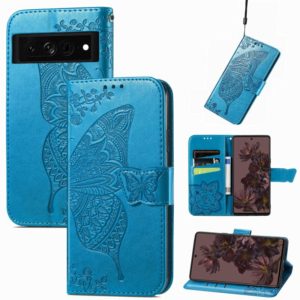 For Google Pixel 7 5G Butterfly Love Flower Embossed Leather Phone Case(Blue) (OEM)