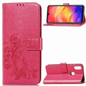 Lucky Clover Pressed Flowers Pattern Leather Case for Xiaomi Redmi Note 7, with Holder & Card Slots & Wallet & Hand Strap (Rose Red) (OEM)