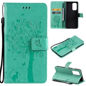 For OnePlus 9 Tree & Cat Pattern Pressed Printing Horizontal Flip PU Leather Case with Holder & Card Slots & Wallet & Lanyard(Green) (OEM)