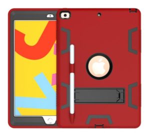 For iPad 10.2 Shockproof PC + Silicone Protective Case with Holder & Pen Slot(Red+Black) (OEM)