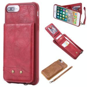 For iPhone 8 Plus / 7 Plus Vertical Flip Shockproof Leather Protective Case with Short Rope, Support Card Slots & Bracket & Photo Holder & Wallet Function(Red) (OEM)