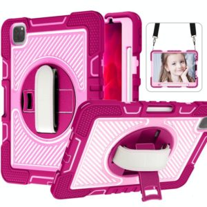 360 Degree Rotation Contrast Color Shockproof Silicone + PC Tablet Case with Holder & Hand Grip Strap & Shoulder Strap For iPad Air 2020 10.9 / Pro 11 2020 / 2021 / 2018 (Rose Red+Pink) (OEM)