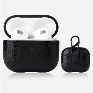 Snakeskin Texture and Leather Stitching Earphone Protective Case with Hang Buckle For AirPods 3(Black) (OEM)