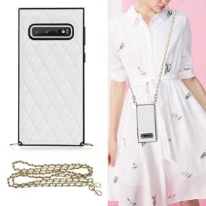 For Samsung Galaxy S10+ Elegant Rhombic Pattern Microfiber Leather +TPU Shockproof Case with Crossbody Strap Chain(White) (OEM)