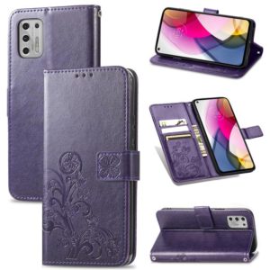 For Motorola Moto G Stylus 2021 Four-leaf Clasp Embossed Buckle Mobile Phone Protection Leather Case with Lanyard & Card Slot & Wallet & Bracket Function(Purple) (OEM)