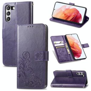 For Samsung Galaxy S21 FE Four-leaf Clasp Embossed Buckle Mobile Phone Protection Leather Case with Lanyard & Card Slot & Wallet & Bracket Function(Purple) (OEM)