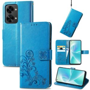 For OnePlus Nord 2T Four-leaf Clasp Embossed Buckle Leather Phone Case(Blue) (OEM)
