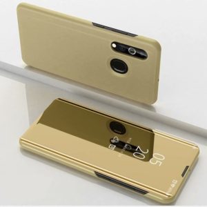 For Galaxy A20s Plated Mirror Horizontal Flip Leather Case with Holder(Gold) (OEM)