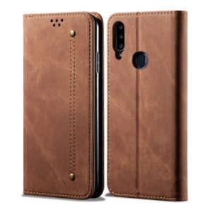 For Galaxy A20s Denim Texture Casual Style Horizontal Flip Leather Case with Holder & Card Slots & Wallet(Brown) (OEM)