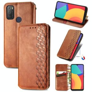 For Alcatel 1S 2021 Cubic Grid Pressed Horizontal Flip Magnetic PU Leather Case with Holder & Card Slots & Wallet(Brown) (OEM)
