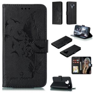 Feather Pattern Litchi Texture Horizontal Flip Leather Case with Wallet & Holder & Card Slots For LG K50(Black) (OEM)