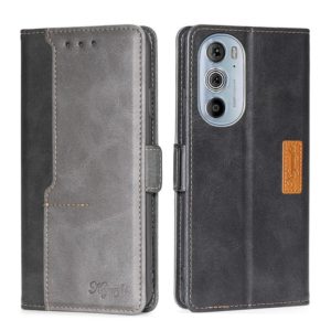 For Motorola Moto Edge+ 2022/Edge 30 Pro Contrast Color Side Buckle Leather Phone Case(Black + Grey) (OEM)