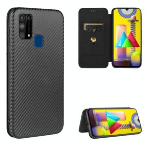 For Samsung Galaxy M31 Carbon Fiber Texture Horizontal Flip TPU + PC + PU Leather Case with Rope & Card Slot(Black) (OEM)