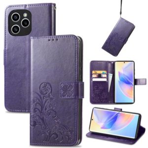 For Honor 60 SE Four-leaf Clasp Embossed Buckle Leather Phone Case(Purple) (OEM)