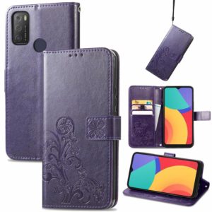 For Alcatel 1S 2021 Four-leaf Clasp Embossed Buckle Mobile Phone Protection Leather Case with Lanyard & Card Slot & Wallet & Bracket Function(Purple) (OEM)