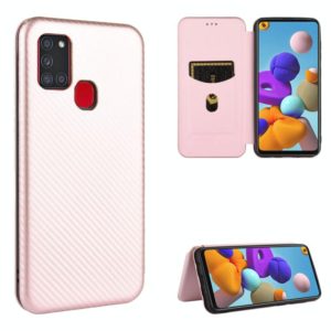For Samsung Galaxy A21s Carbon Fiber Texture Horizontal Flip TPU + PC + PU Leather Case with Card Slot(Pink) (OEM)