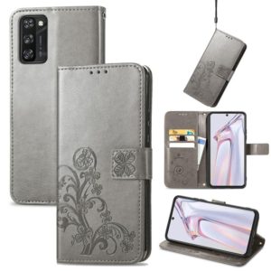 For Blackview A100 Four-leaf Clasp Embossed Buckle Mobile Phone Protection Leather Case with Lanyard & Card Slot & Wallet & Bracket Function(Grey) (OEM)