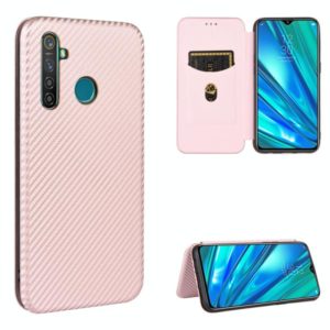 For OPPO Realme 5 / Realme 5s Carbon Fiber Texture Horizontal Flip TPU + PC + PU Leather Case with Card Slot(Pink) (OEM)