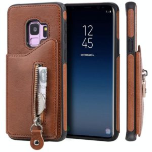 For Galaxy S9 Solid Color Double Buckle Zipper Shockproof Protective Case(Brown) (OEM)