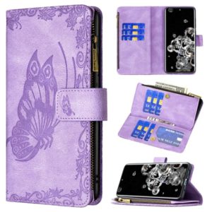 For Samsung Galaxy S20 Ultra Flying Butterfly Embossing Pattern Zipper Horizontal Flip Leather Case with Holder & Card Slots & Wallet(Purple) (OEM)