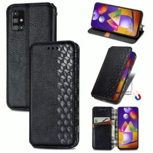 For Samsung Galaxy M31S Cubic Grid Pressed Horizontal Flip Magnetic PU Leather Case with Holder & Card Slots & Wallet(Black) (OEM)