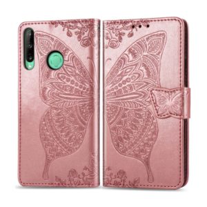 For Huawei Y7P Butterfly Love Flower Embossed Horizontal Flip Leather Case with Bracket / Card Slot / Wallet / Lanyard(Rose Gold) (OEM)